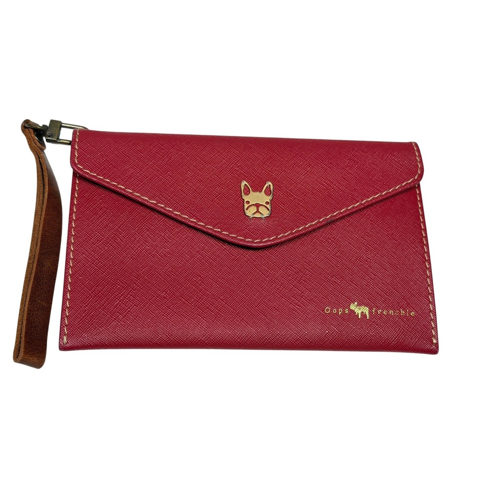 Rare Oops Frenchie Minimalist Leather Red Saffiano Wristlet Pouch Bulldog Wallet